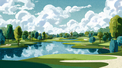 Golf course illustration for golfing poster landing page and web banner flat style stock vector on white background