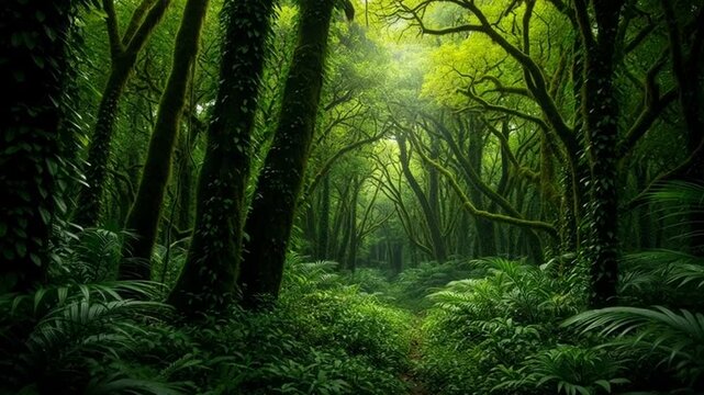 A serene forest scene with sunlight filtering through dense foliage and trees in a natural setting.