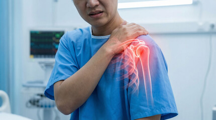 Man experiencing acute shoulder pain in a hospital setting, depicted with an illustrative overlay highlighting the affected joint and bone structure, symbolizing injury or discomfort