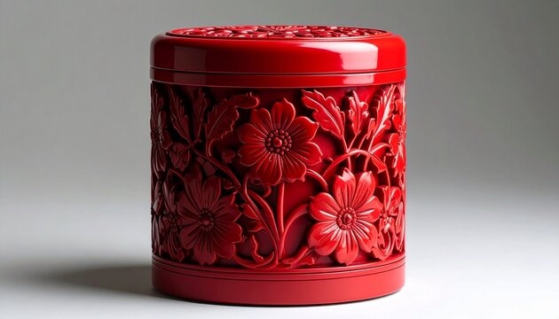A traditional decorative illustration of a cylindrical red lacquer box adorned with intricate carved floral designs. The carvings feature detailed flowers and leaves arranged symmetrically, with a pro