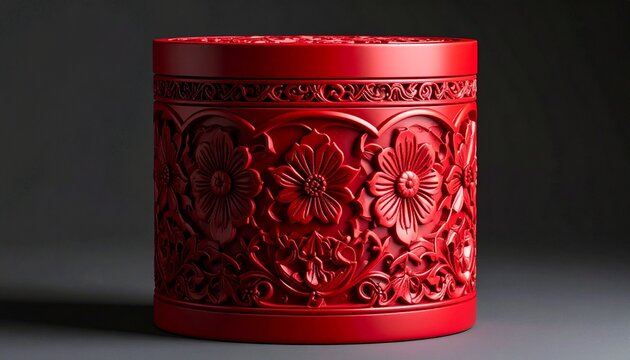 A traditional decorative illustration of a cylindrical red lacquer box adorned with intricate carved floral designs. The carvings feature detailed flowers and leaves arranged symmetrically, with a pro