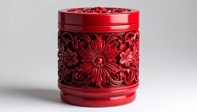 A traditional decorative illustration of a cylindrical red lacquer box adorned with intricate carved floral designs. The carvings feature detailed flowers and leaves arranged symmetrically, with a pro