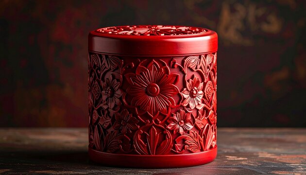 A traditional decorative illustration of a cylindrical red lacquer box adorned with intricate carved floral designs. The carvings feature detailed flowers and leaves arranged symmetrically, with a pro