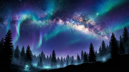 Vibrant Aurora Borealis and the Milky Way illuminate a magical night forest, casting an ethereal glow over pine trees under a star-filled sky, a breathtaking celestial view