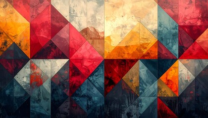 A mosaic of triangles forming an abstract landscape, with varied colors and textures. Earth tones, reds and blues