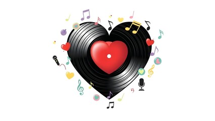 Vinyl record heart with musical notes