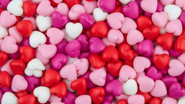 Colorful heart shaped candy or m m's in red pink and white
