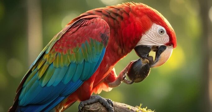 Colorful macaw parrot perched outdoors with lush green background