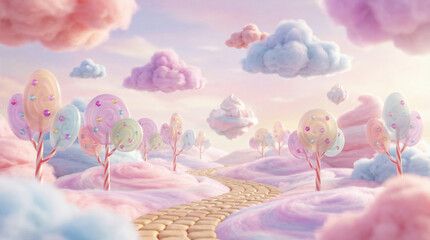 Whimsical pastel dreamland journey with fluffy cotton candy clouds and lollipop trees, creating a sweet, magical, and imaginative fantasy landscape
