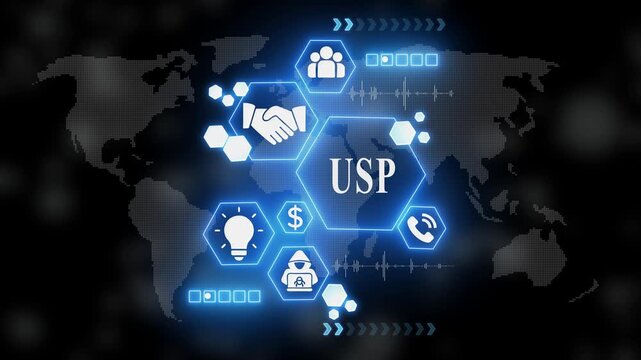Unique Proposition U S P Business Concept with Glowing Blue Hexagons on Map Background