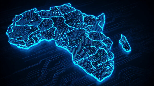 Futuristic 3D holographic map of Africa glowing with neon lights, showcasing advanced technology, digital visualization, and modern sci-fi cyber aesthetics.