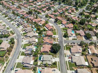 Aerial view of of house in Yucaipa city, in San Bernardino County, California, United States. High...