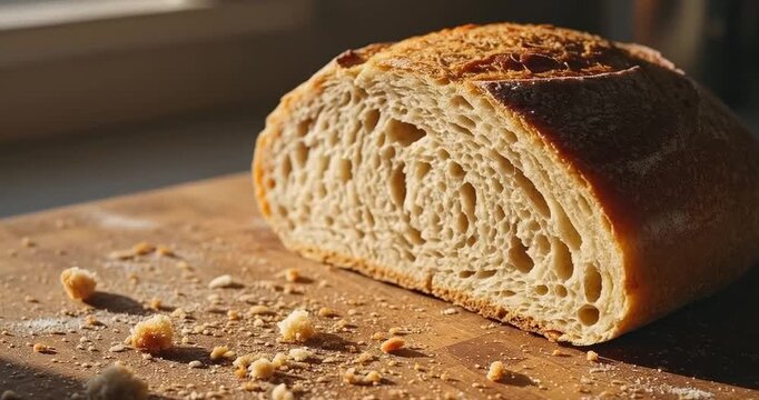 Freshly baked bread loaf sliced on wooden cutting board sunlight