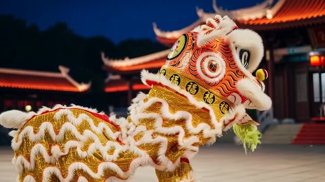 A vibrant lion dance performance takes place at night in a traditional Chinese temple.