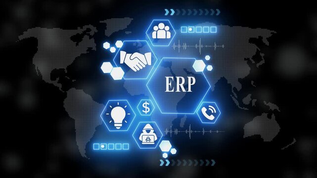 E R P System on Map Background for Business and Technology Concepts enterprise resource planning software