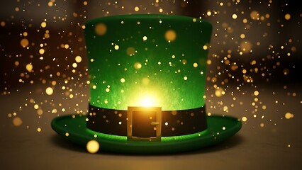 St patrick's day green top hat with glowing candle on table with gold sparkles