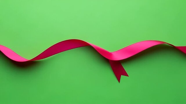A red ribbon with a bow on a green background for gift wrapping purposes.