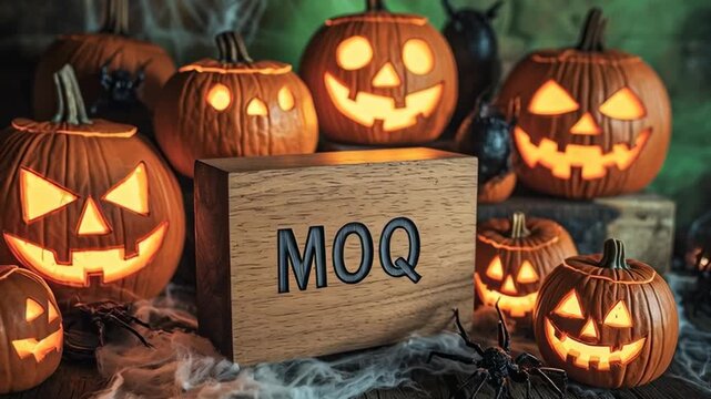 Halloween pumpkin lantern glowing jack o lantern spooky carved face candle light around wooden box