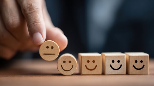 Hand selects neutral face over happy faces