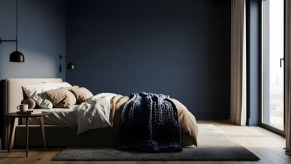 A cozy modern bedroom with a dark blue feature wall, a comfortable bed, and a small side table with a cup.