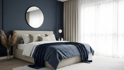 A serene modern bedroom features a comfortable bed with blue accents, a round mirror on a dark blue wall, and large bright windows.