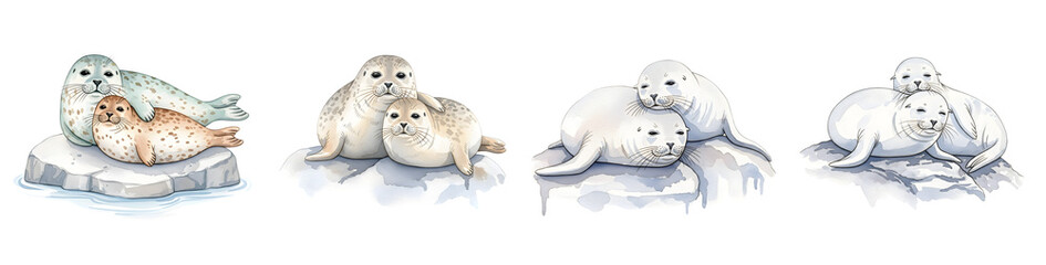 Obraz premium Adorable watercolor seal pairs cuddling an arctic animal illustration set with a transparent background