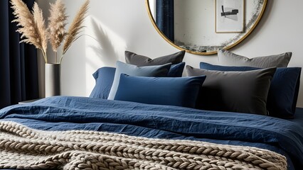 A luxurious bed dressed with various blue and gray pillows and a chunky knitted blanket in a stylish bedroom.
