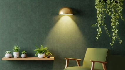 An inviting green living space showcases a textured wall with a golden sconce illuminating potted plants on a wooden shelf next to an armchair.