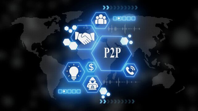 Peer to Peer P2 P Network Concept with on Map Background global