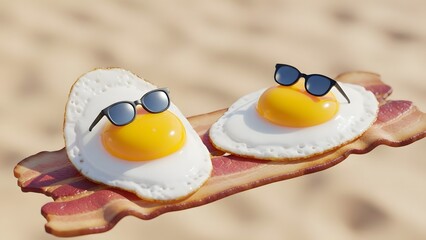 Two anthropomorphic fried eggs wearing stylish sunglasses are perched atop crispy strips of bacon against a soft, blurred background.
