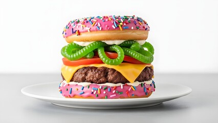 An unusual and indulgent burger features glazed pink donuts with sprinkles as buns, a beef patty, cheese, tomato, and bright green gummy worms as a topping.