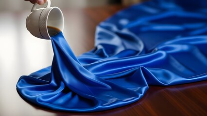 A magical stream of coffee elegantly pours from a white cup, transforming into luxurious folds of shimmering blue satin fabric as it descends.