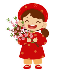 A lovely little girl in traditional attire holding cherry blossoms.