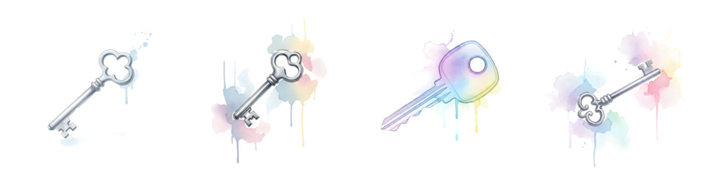 Artistic watercolor key collection illustration on a transparent background