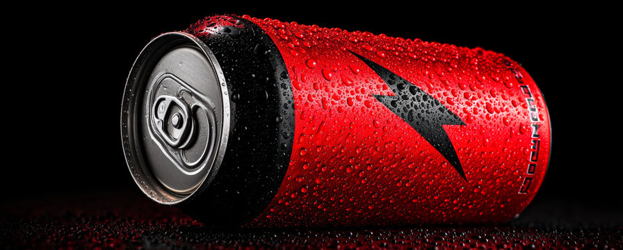Red energy drink can with glossy surface, ice-cold appearance, and lightning bolt logo
