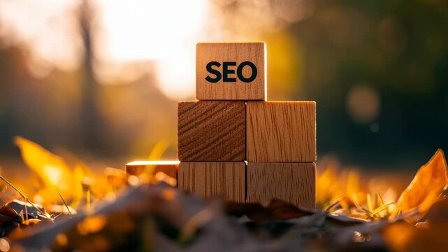 Wooden block seo marketing strategy concept with autumn orange leaf scene