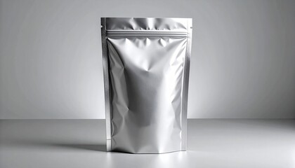 Silver metallic stand-up pouch with resealable zipper on gray background