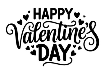 Fototapeta premium Lettering Happy Valentines Day banner. Valentines Day greeting card template, typography text happy valentine`s day and black heart or love Vector illustration over white background