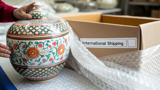 Hand wrap ceramic vase pottery bubble wrap fragile jar floral pattern cardboard shipping box label
