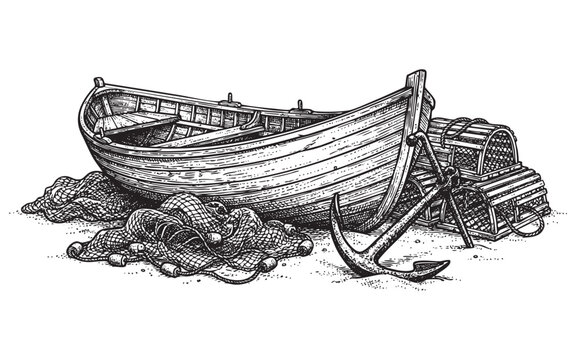 wooden rowboat resting on a sandy beach, accompanied by fishing nets, a lobster trap, and an anchor in a vintage woodcut style.