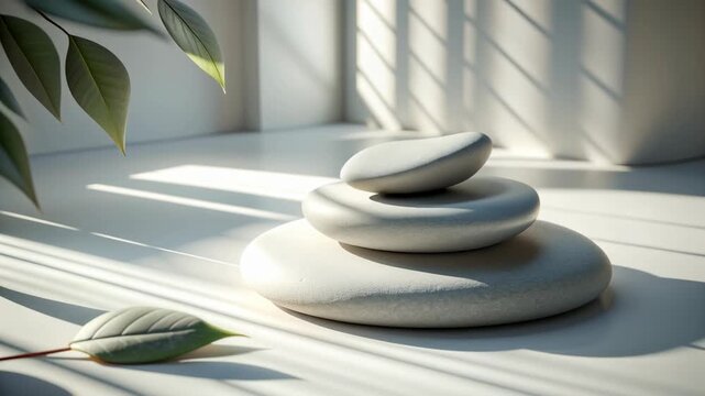 Zen stone balance minimal white pebble decor sunlight shadow serene calm zen stone stack