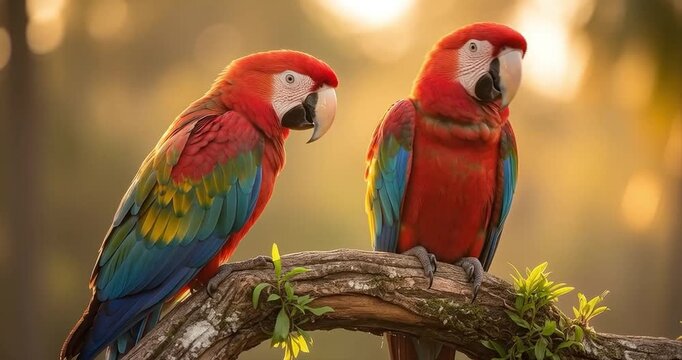 Scarlet macaws perched on branch against bokeh background