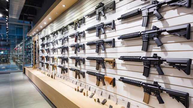 Wall display of various firearms in a modern gun shop, showcasing rifles, pistols, and shotguns in a clean, organized retail environment for enthusiasts and buyers.