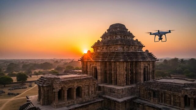 Drone footage of Konark Sun Temple at sunrise, revealing intricate architecture and cultural
