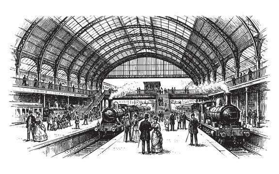 Victorian train station interior with steam trains, passengers on platforms, and a large arched roof in a vintage woodcut style.