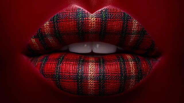 Tartan lip art red makeup glossy style modern fashion closeup sensual tartan pattern glossy texture