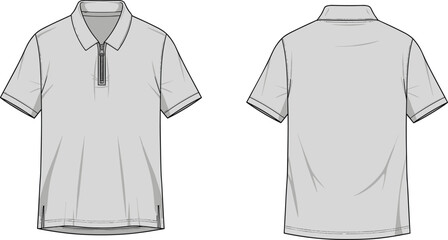 Flat technical sketch of a men's short sleeve quarter zip polo shirt mockup template front and back view fashion illustration © MdAbdul
