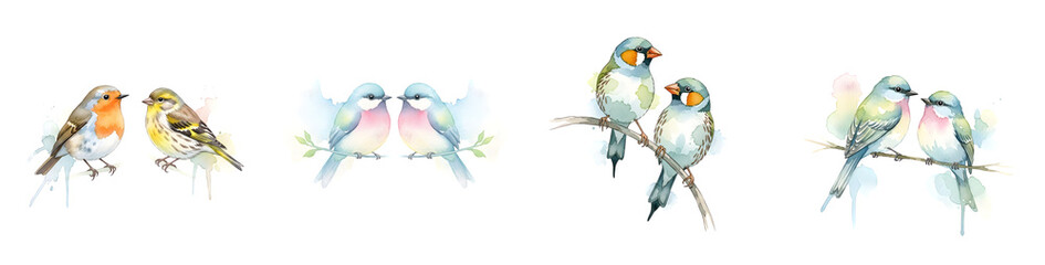 Fototapeta premium Set of cute watercolor bird couples in love on a transparent background
