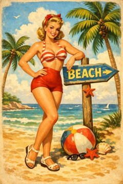 Cheerful vintage pinup in a striped bikini poses beside a beach sign under palm trees, evoking playful summer vibes ideal for travel, nostalgia, or lifestyle designs.