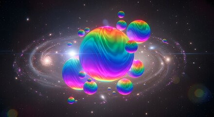 Colorful iridescent spheres floating in deep space against background of spiral galaxy cosmic scene vibrant abstract render universe exploration fantasy art